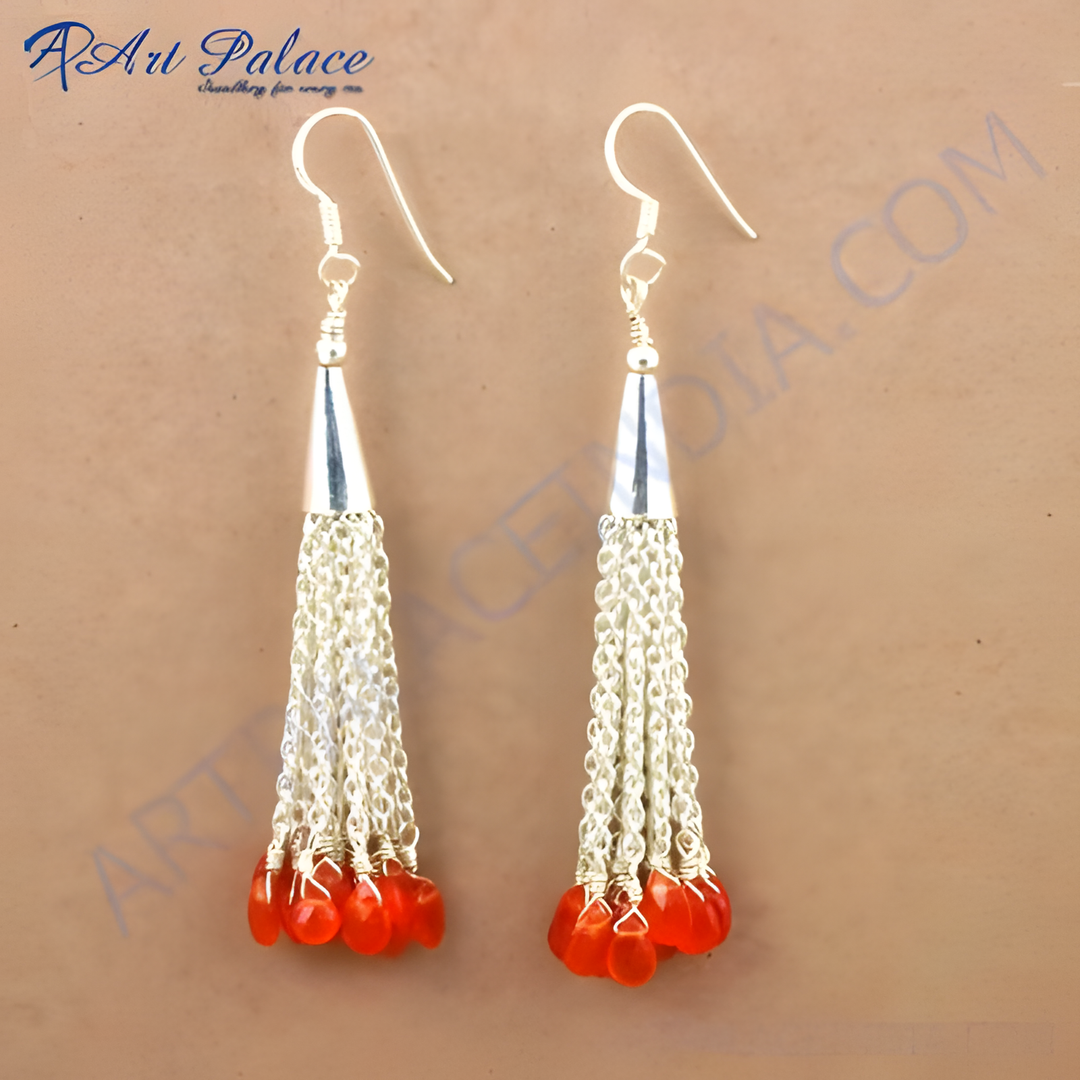 925 sterling silver dangle earrings featuring chain tassels and orange gemstones.