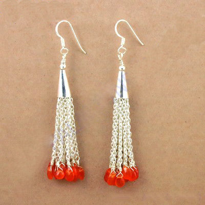 925 Silver Chain Tassel Earrings with Orange Gemstones | For Women