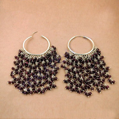 Silver Hoop Earrings with Garnet Beads for Women | Daily Wear