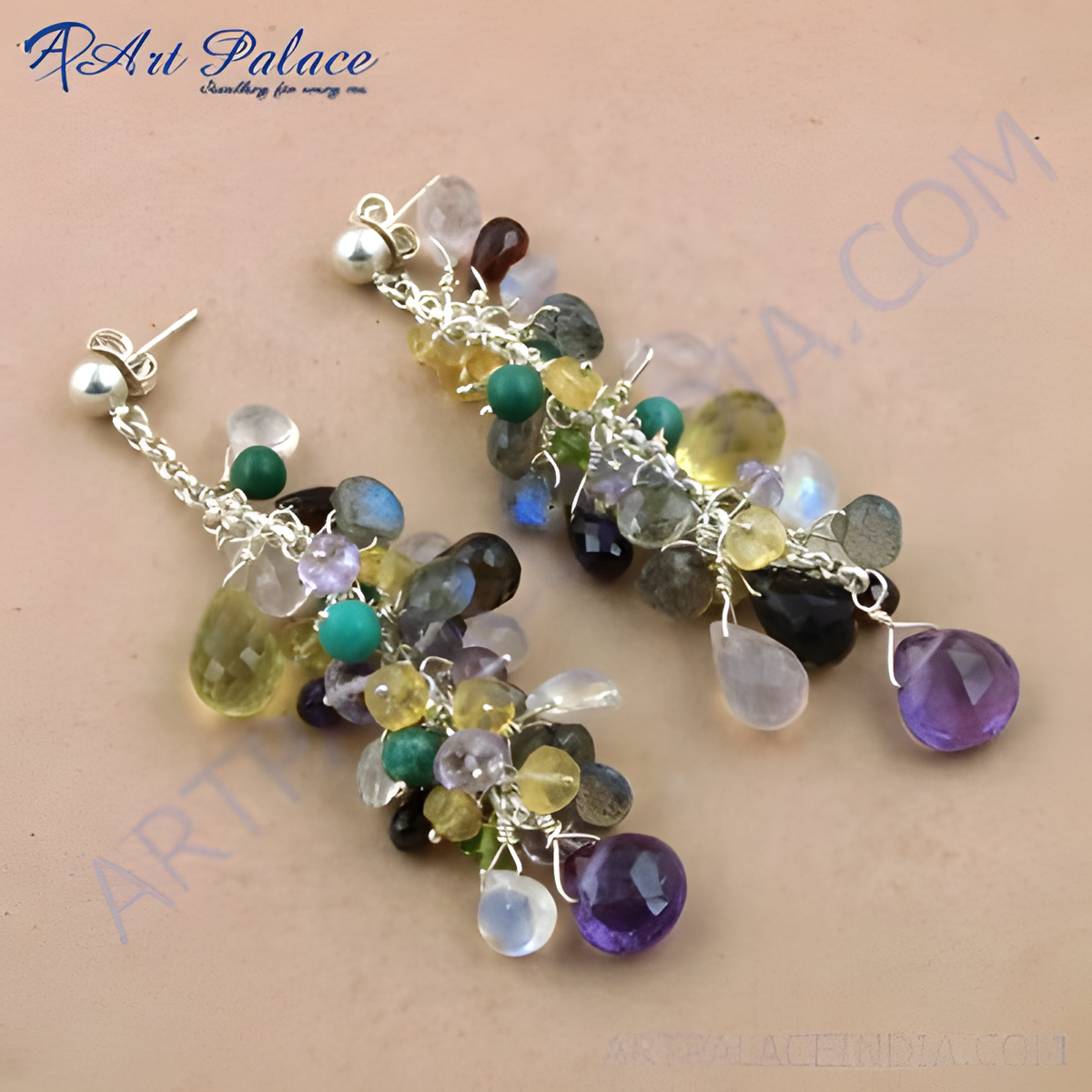 Sterling silver dangle earrings with a cluster of colorful gemstones including amethyst, citrine, and labradorite