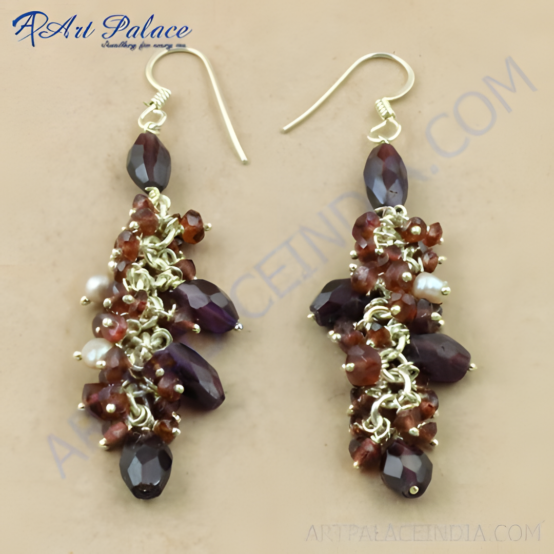 Garnet cluster dangle earrings in 925 sterling silver with red gemstones.
