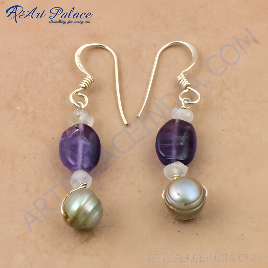 Silver drop earrings featuring amethyst and pearl gemstones, elegant jewelry for women.