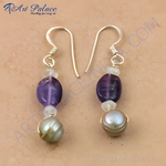 Load image into Gallery viewer, Silver drop earrings featuring amethyst and pearl gemstones, elegant jewelry for women.
