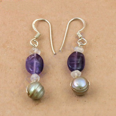 Silver Amethyst & Pearl Drop Earrings for Women | Gemstone Jewelry