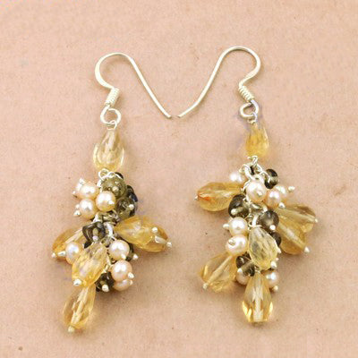 Citrine & Pearl Cluster Drop Earrings | 925 Silver Jewelry
