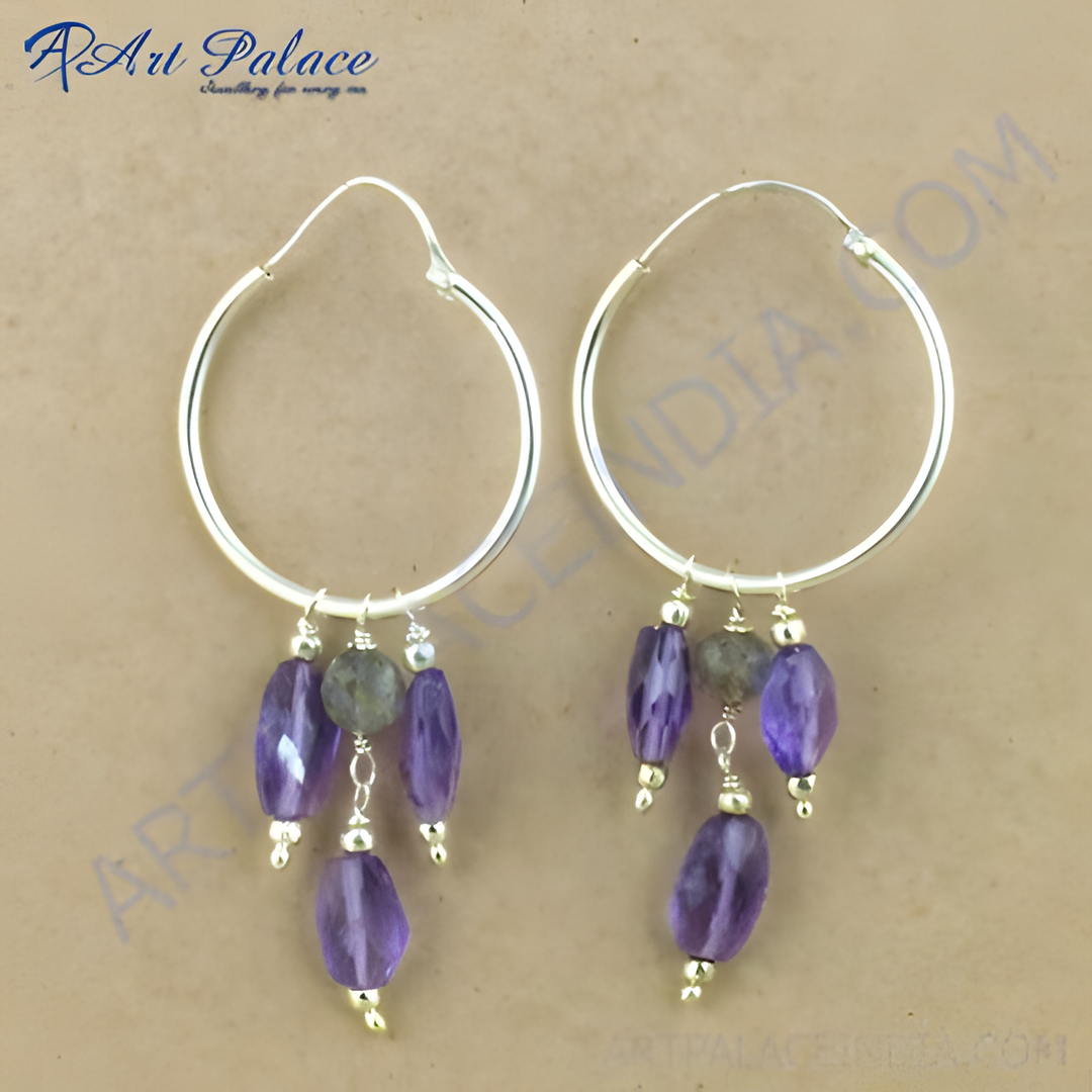 925 sterling silver dangle earrings featuring purple amethyst gemstones and silver beads.