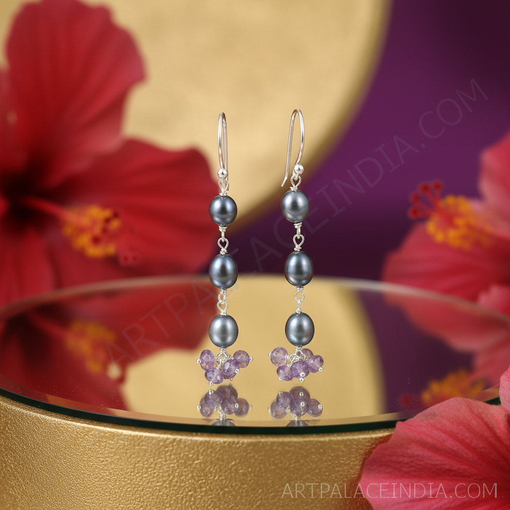 925 Silver Pearl & Amethyst Drop Earrings for Women | Gift