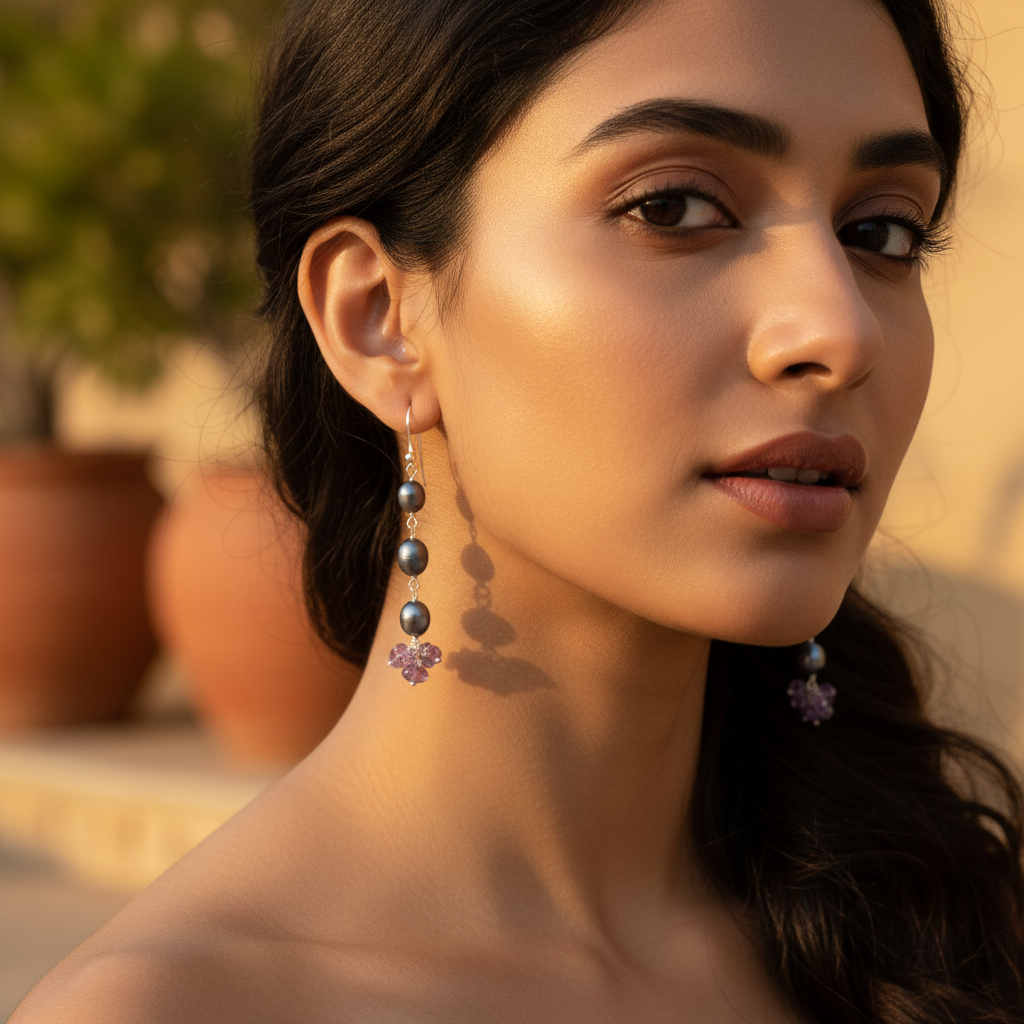 925 Silver Pearl & Amethyst Drop Earrings for Women | Gift