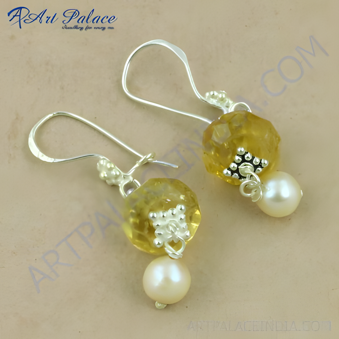 925 sterling silver drop earrings with faceted yellow citrine gemstones and white pearl accents.