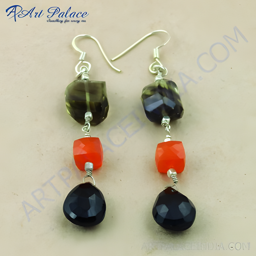 Silver drop earrings featuring black teardrop, orange cube, and olive-green gemstones, perfect for any occasion.