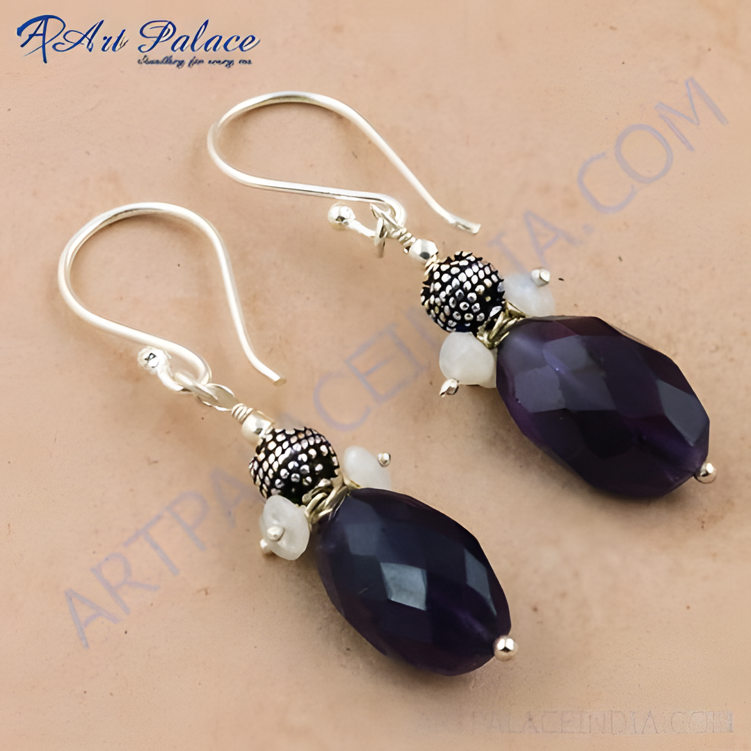 925 sterling silver drop earrings with faceted purple amethyst gemstones and moonstone accents.