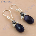 Load image into Gallery viewer, 925 sterling silver drop earrings with faceted purple amethyst gemstones and moonstone accents.
