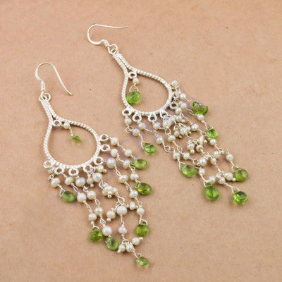 925 Silver Pearl & Peridot Chandelier Earrings for Women