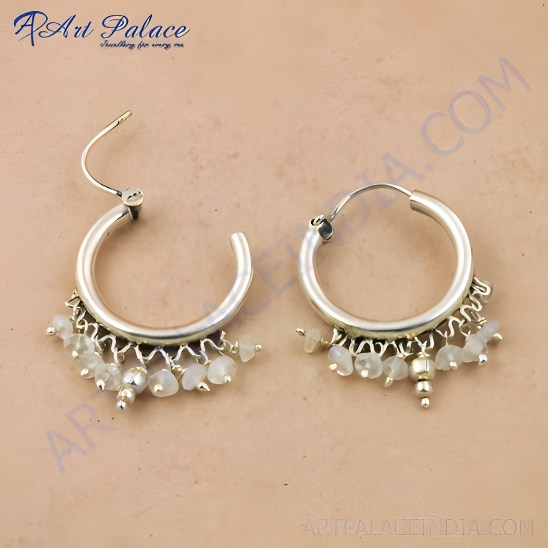 925 silver hoop earrings with moonstone beads, perfect for women's daily wear.