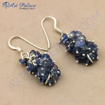 Load image into Gallery viewer, 925 sterling silver drop earrings with clusters of blue sapphire gemstones.
