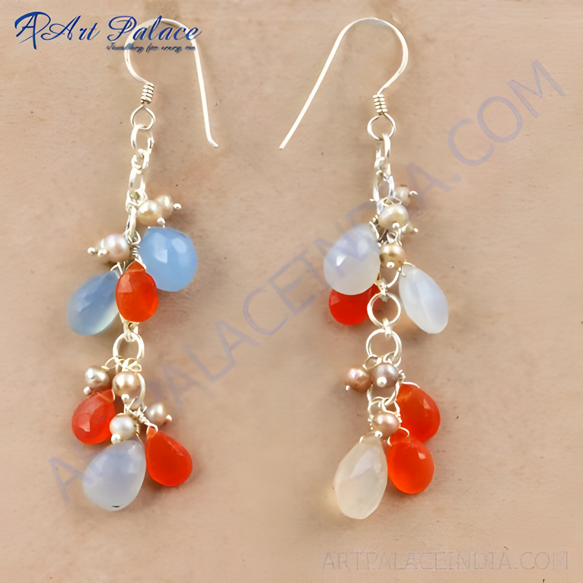 Sterling silver dangle earrings with blue chalcedony, orange carnelian, and pearl accents