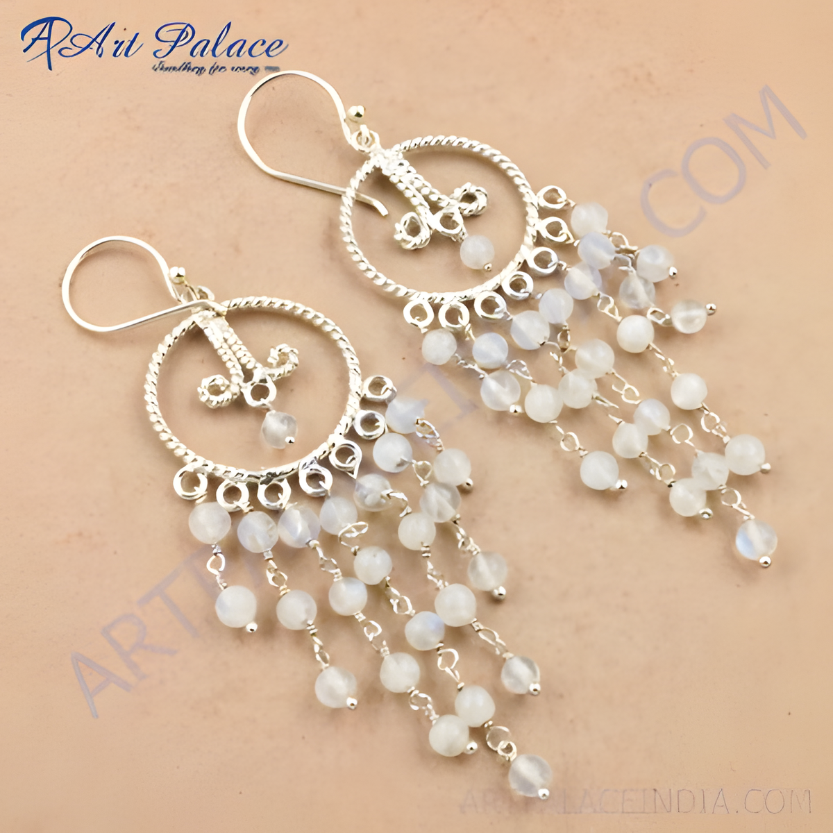 925 sterling silver chandelier earrings featuring dangling moonstone beads and silver hooks