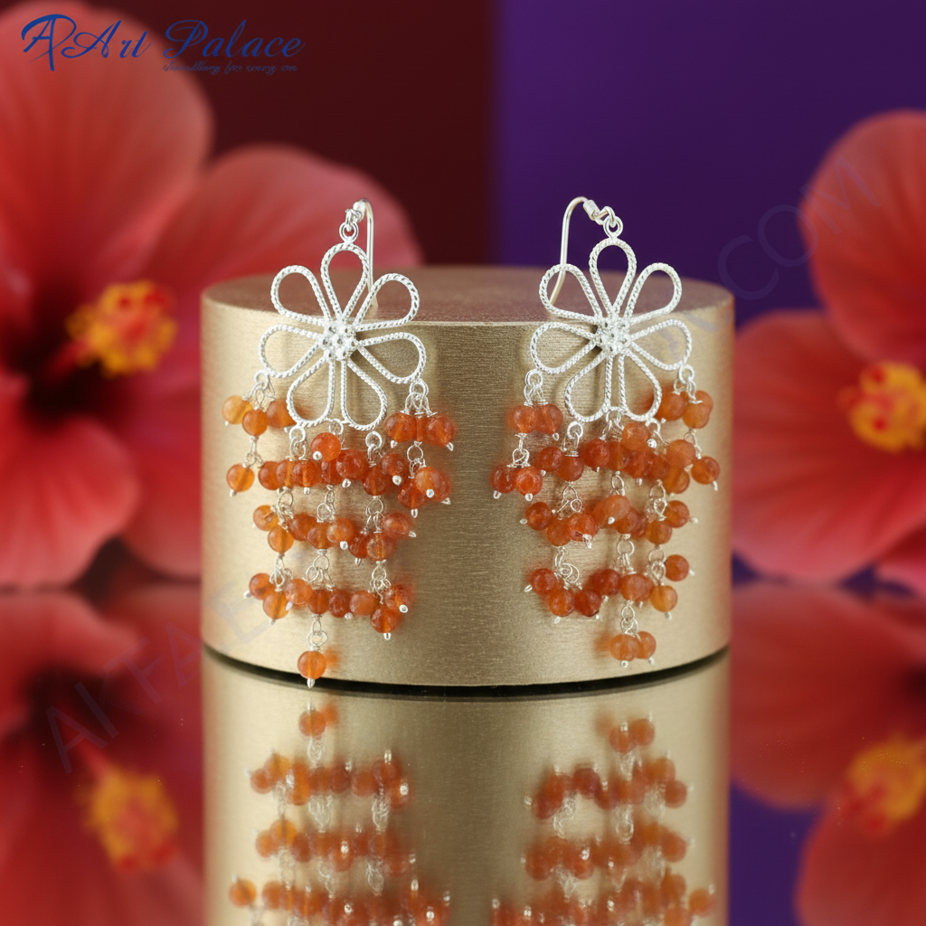 Silver Carnelian Bead Drop Earrings for Women | Gemstone Jewelry