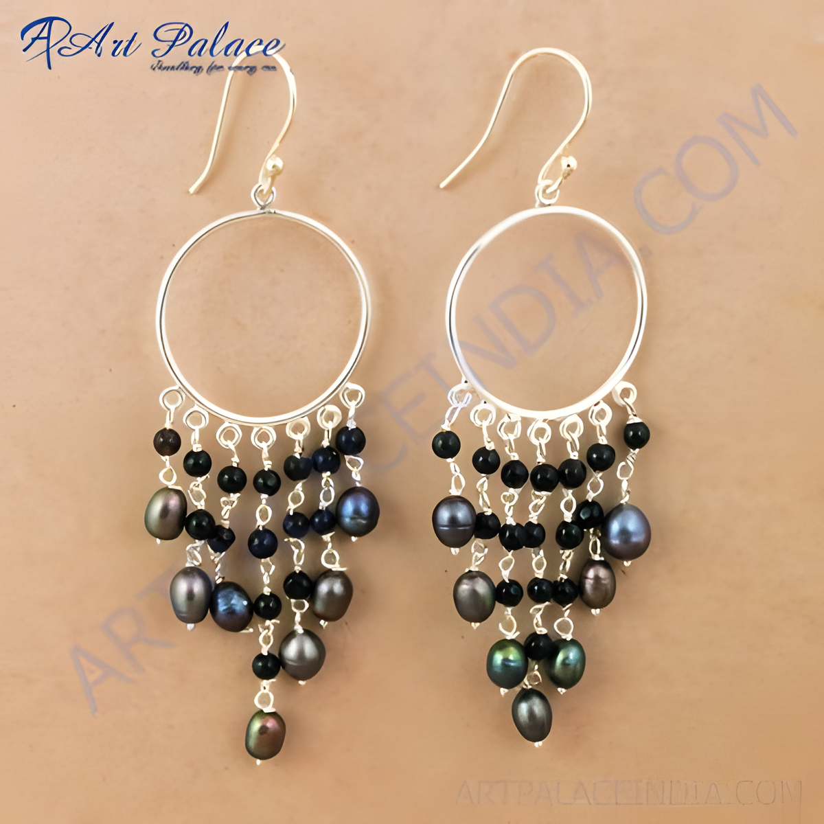 Sterling silver dangle earrings with black beads and iridescent gray pearls, perfect for women