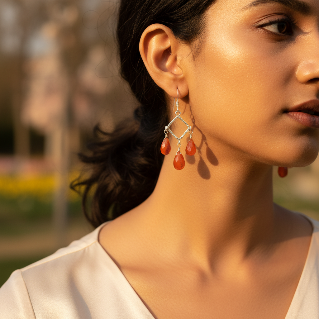 925 Silver Red Carnelian Drop Earrings for Women | Dangle
