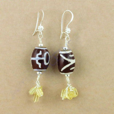Silver Dzi Bead Earrings with Yellow Gemstones | Women's Jewelry