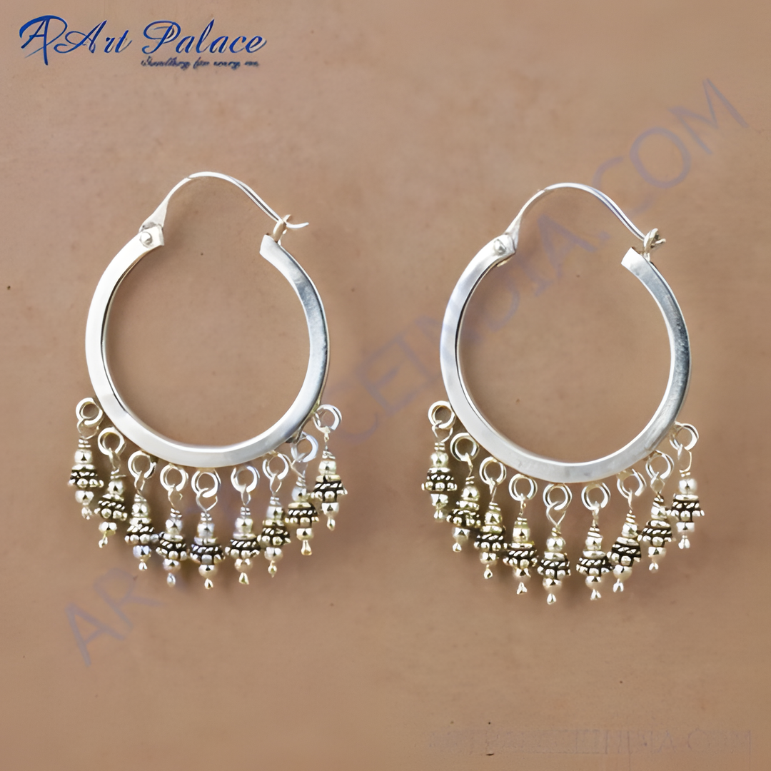 Silver hoop dangle earrings with beaded accents, elegant and stylish jewelry.