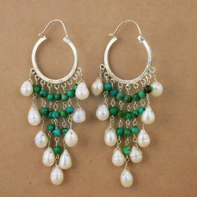 925 Silver Pearl & Turquoise Dangle Earrings | Women's Jewelry