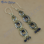 Load image into Gallery viewer, 925 sterling silver drop earrings with blue iolite gemstones and a dangling design
