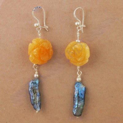 Silver Carved Rose & Pearl Drop Earrings for Women | Gift