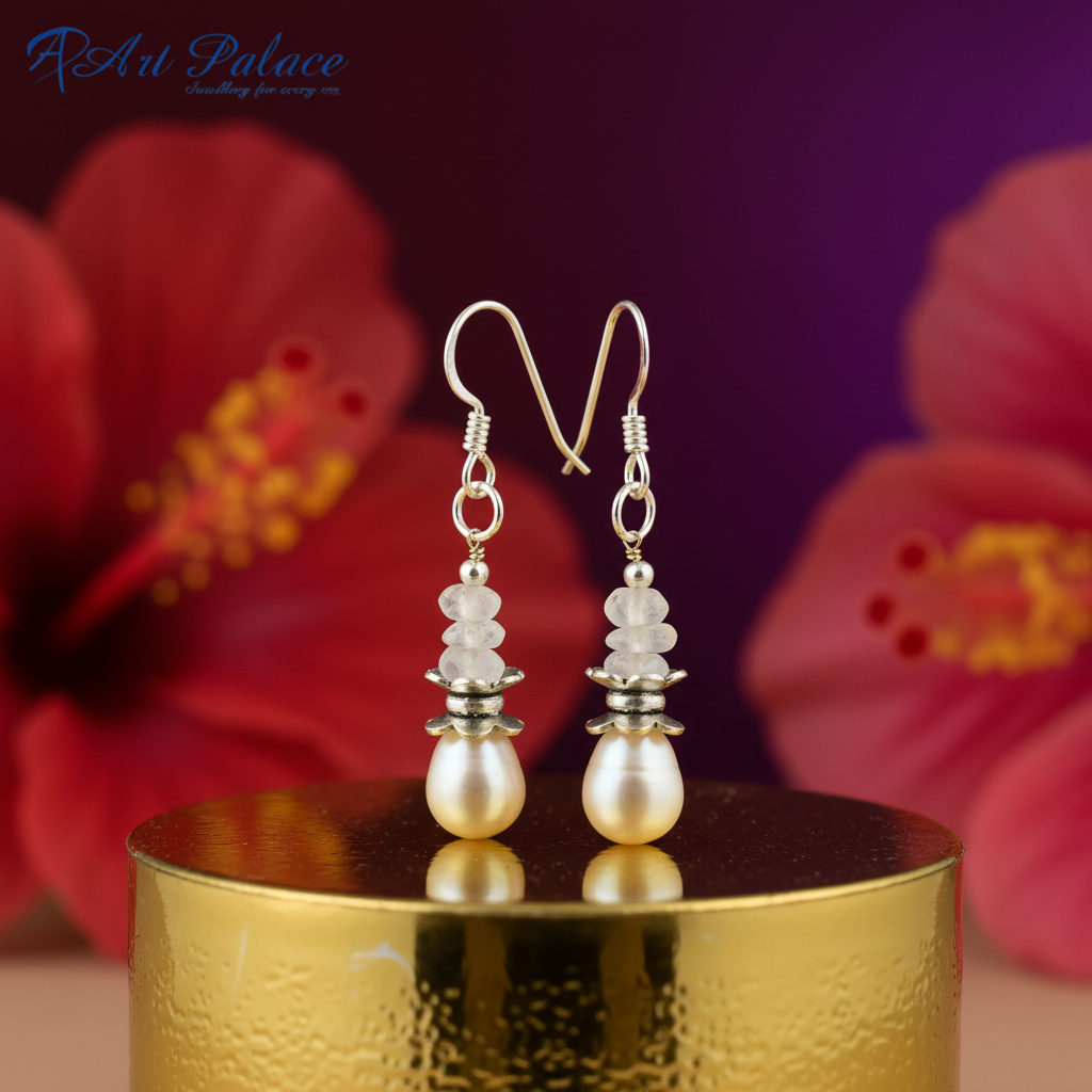 925 Silver Pearl & Moonstone Drop Earrings for Women | Gift