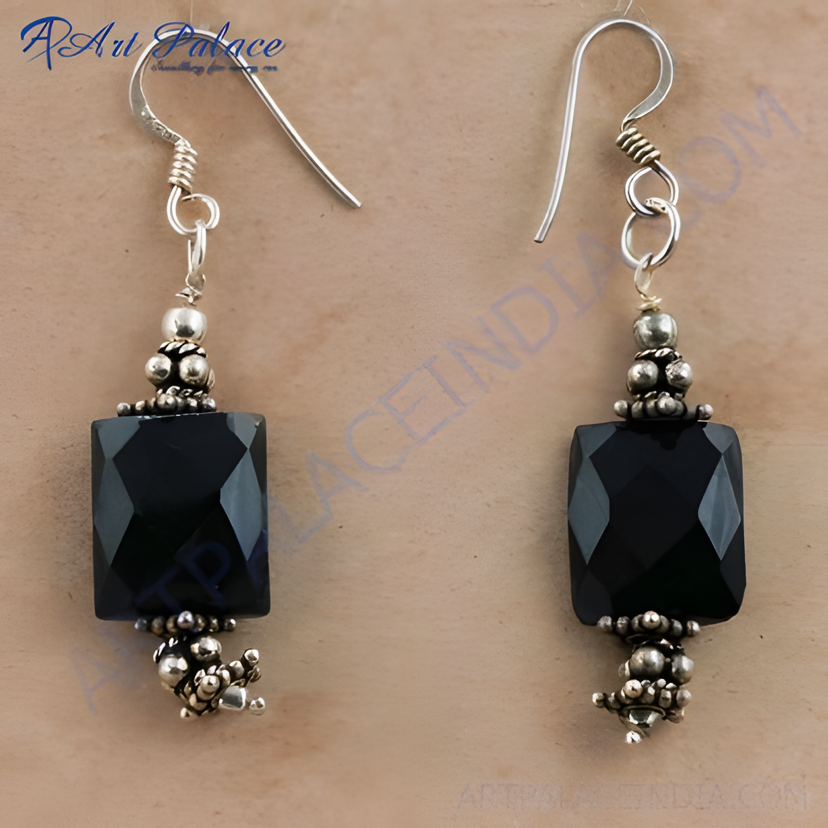925 sterling silver dangle earrings with rectangular black onyx gemstones