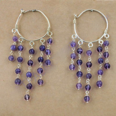 925 Silver Amethyst Beaded Hoop Earrings for Women | Gift