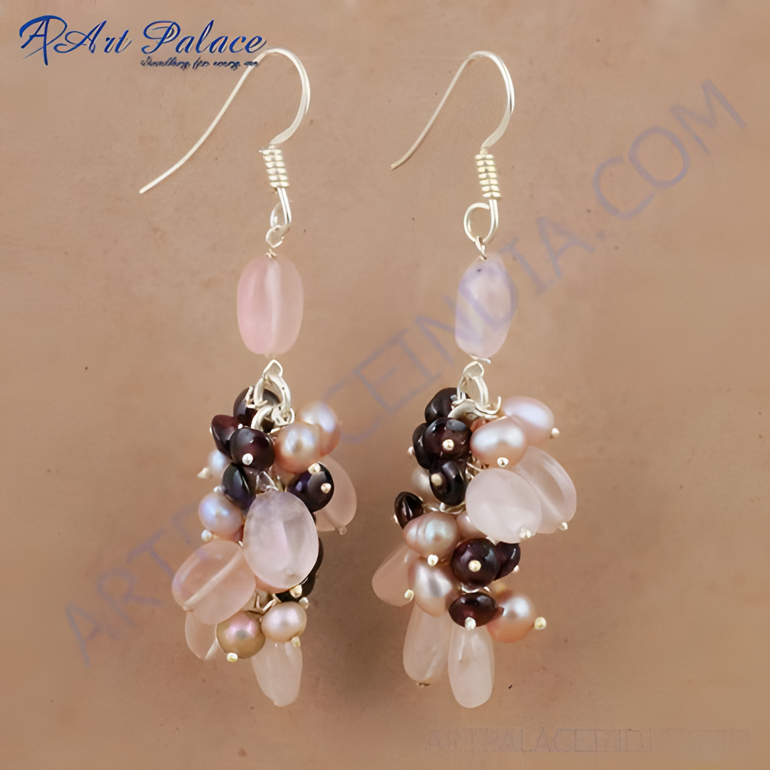 925 silver dangle earrings with rose quartz, pearls, and dark red gemstones in a cluster design.