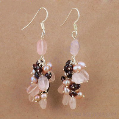 Rose Quartz & Pearl Cluster Earrings | 925 Silver | Gift for Her