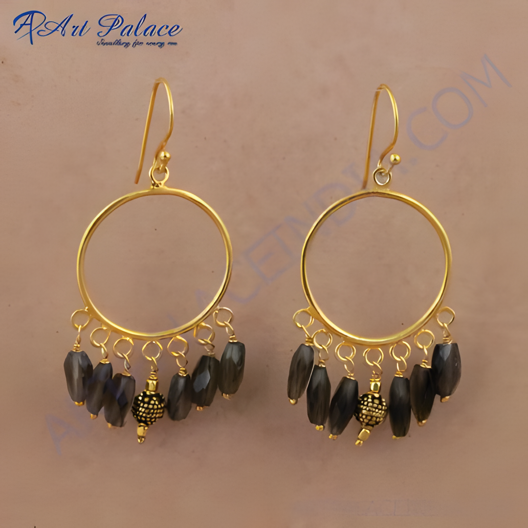 gold plating hoop dangle earrings with grey gemstone beads for women, elegant and stylish jewelry