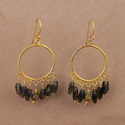 gold plating Hoop Dangle Earrings with Grey Gemstone Beads | Women's Jewelry