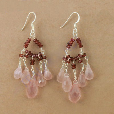 Silver Rose Quartz & Garnet Chandelier Earrings for Women