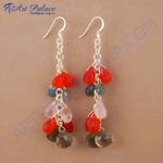 Load image into Gallery viewer, 925 sterling silver dangle earrings with red, pink, grey, and brown gemstones.
