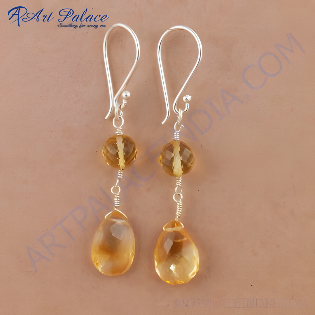 925 sterling silver dangle earrings with citrine gemstones, yellow and clear, for women.