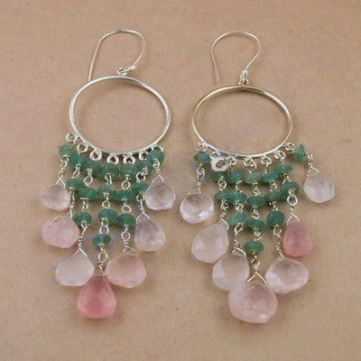 925 Silver Green & Pink Gemstone Dangle Earrings | For Women