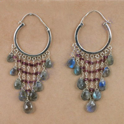 925 Silver Labradorite & Garnet Chandelier Earrings for Women
