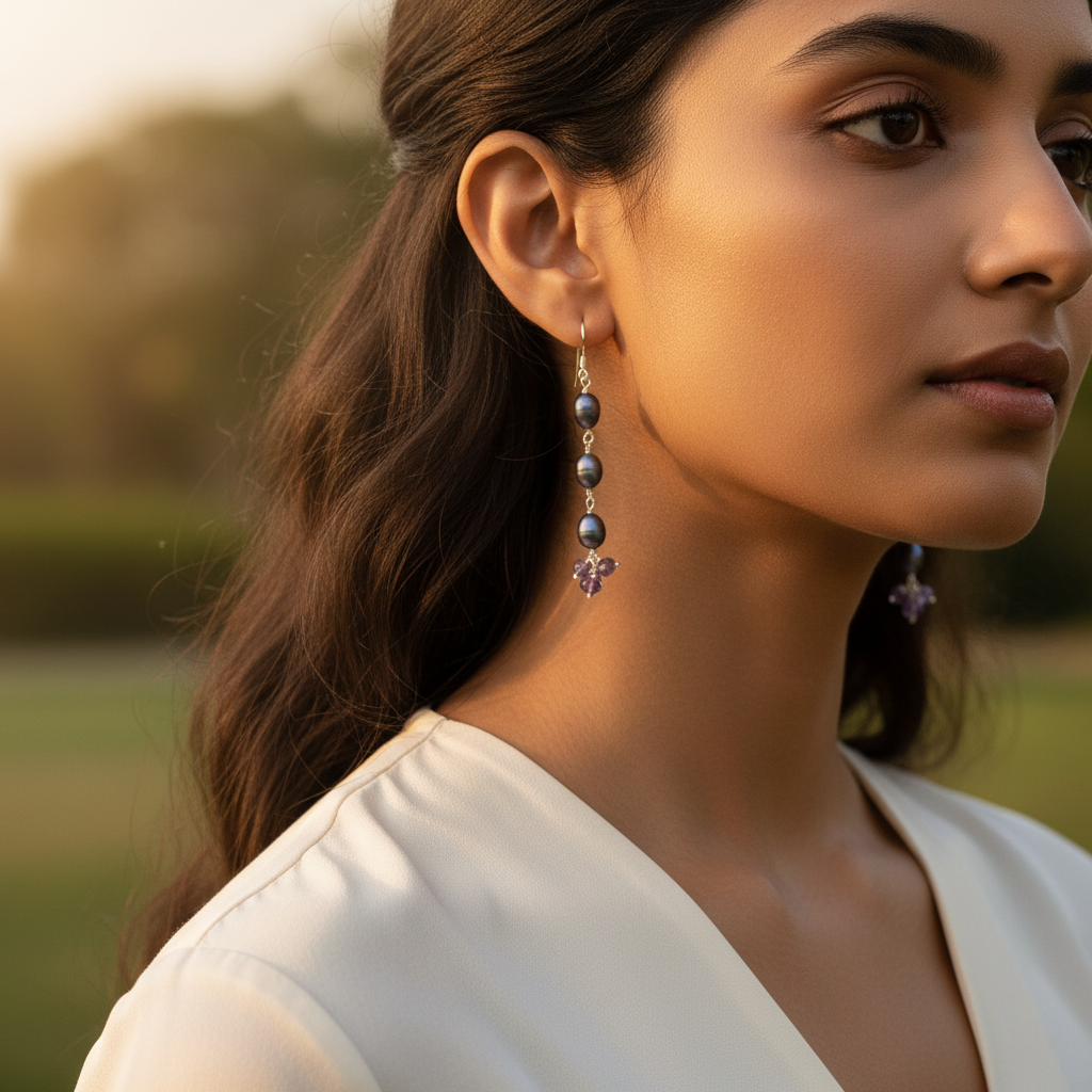 925 silver pearl & amethyst drop earrings for women | gift