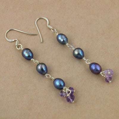 925 Silver Pearl & Amethyst Drop Earrings for Women | Gift