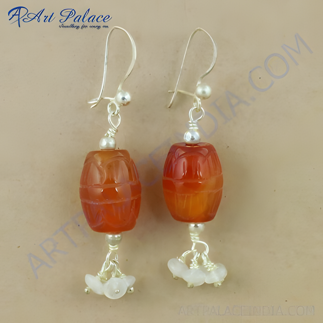 925 sterling silver dangle earrings featuring carnelian barrel beads in orange.