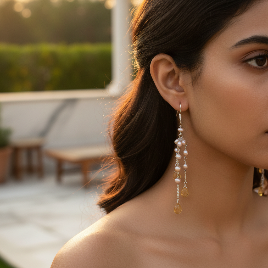 925 silver pearl & citrine drop earrings for women | dangle earrings