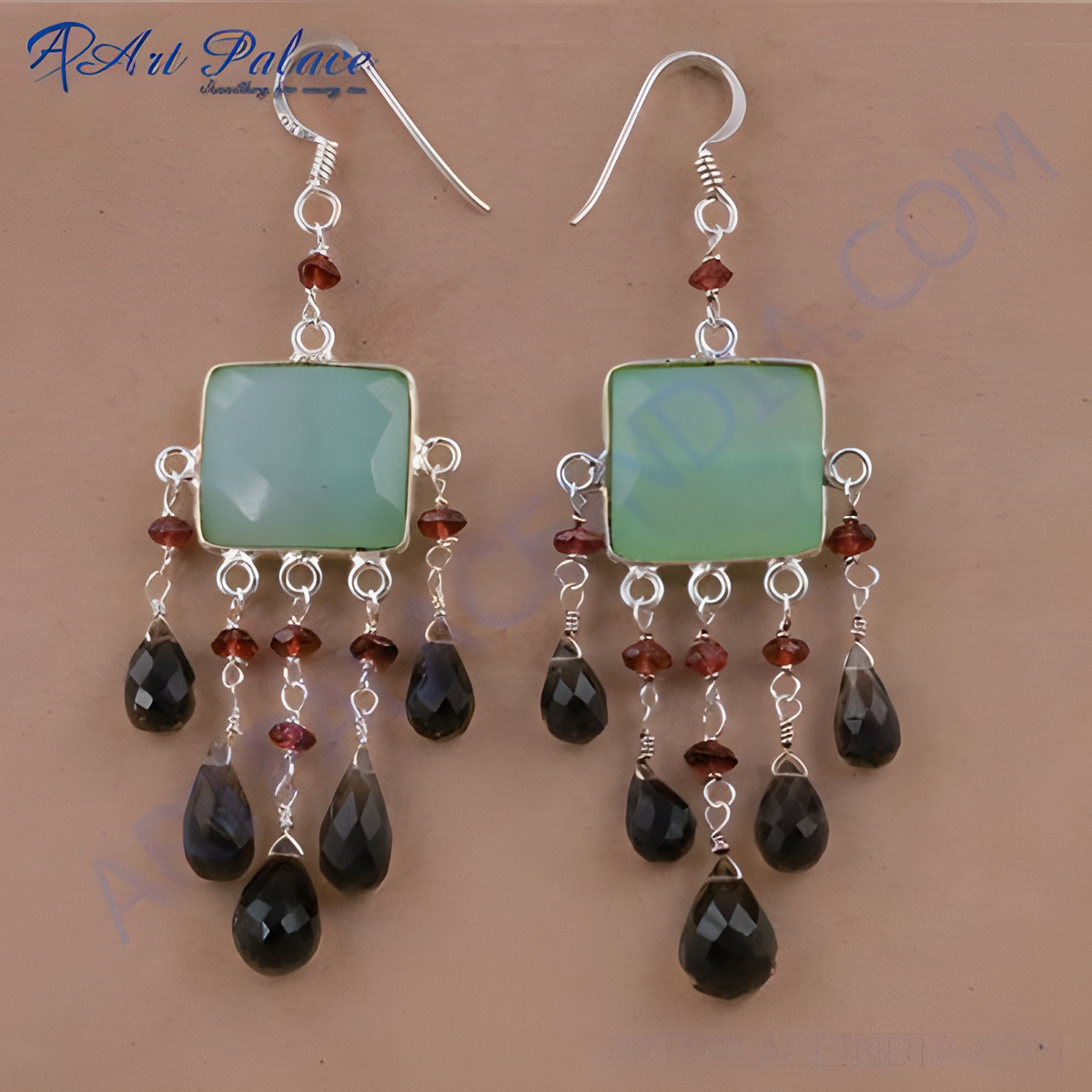 925 sterling silver dangle earrings with square chalcedony and garnet gemstones, for women