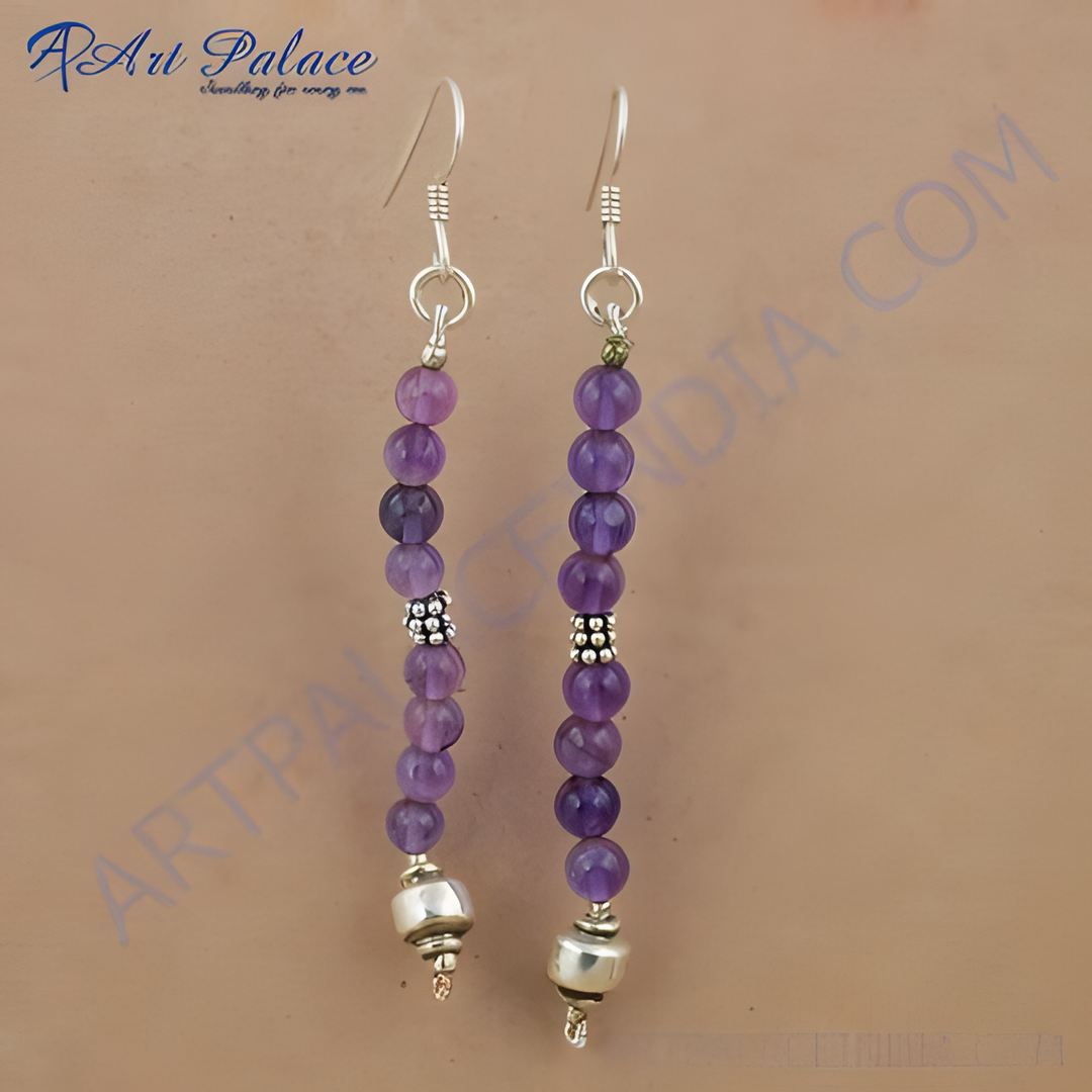 925 sterling silver drop earrings with purple amethyst beads, perfect for women.