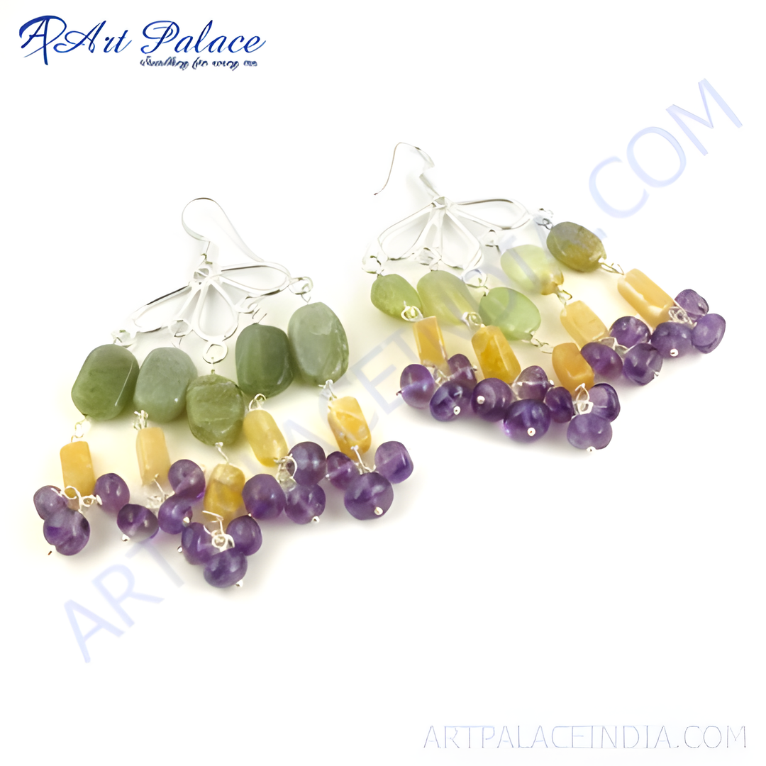Silver dangle earrings featuring amethyst and other gemstones in various shapes and colors.
