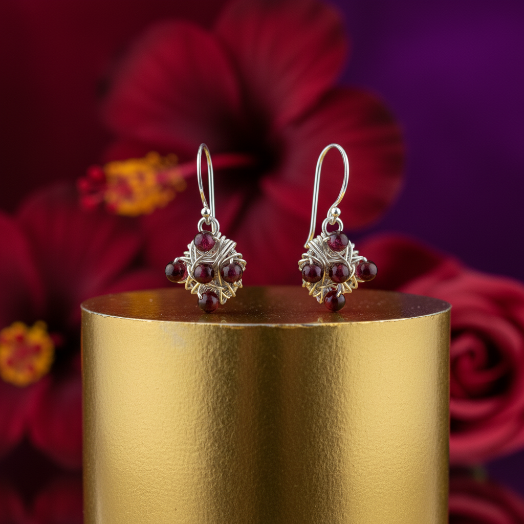Silver Wire Wrap Garnet Earrings | For Women | Daily Wear