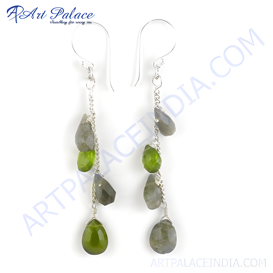 925 sterling silver dangle earrings featuring peridot and labradorite gemstones, green and gray colors.